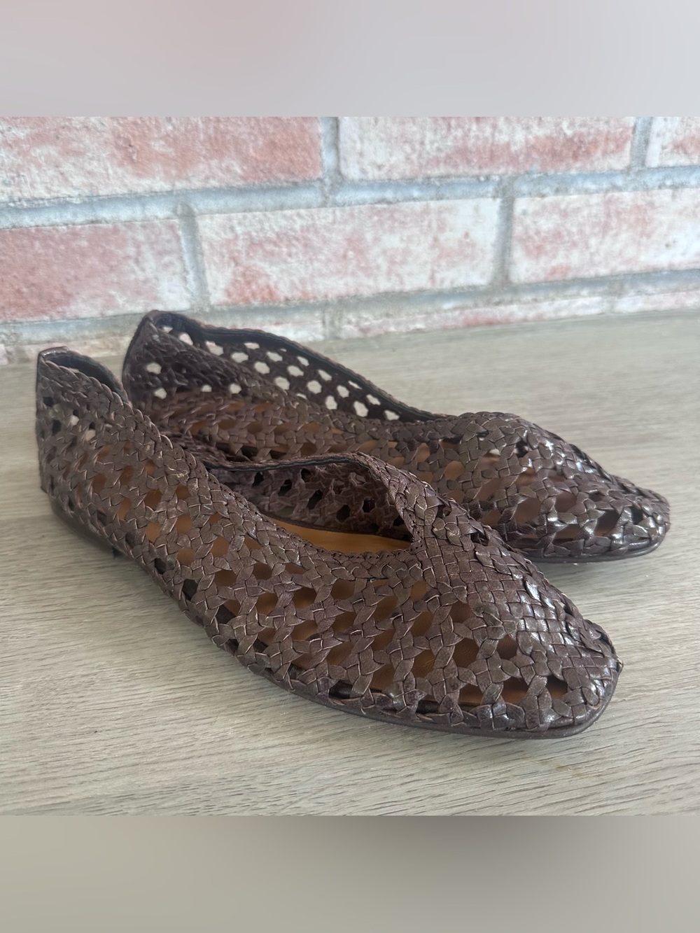 Margaux Woven Paz Leather Flats Brown Women’s 38.5 8.5 Lattice Weave Ballet